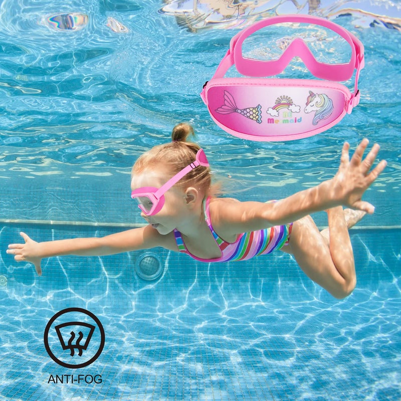 RUIGAO Girls Swim Goggles, Fabric Strap,Unicorn/Mermaid Pink Goggles for Kids swimming 3-8 - Image 5