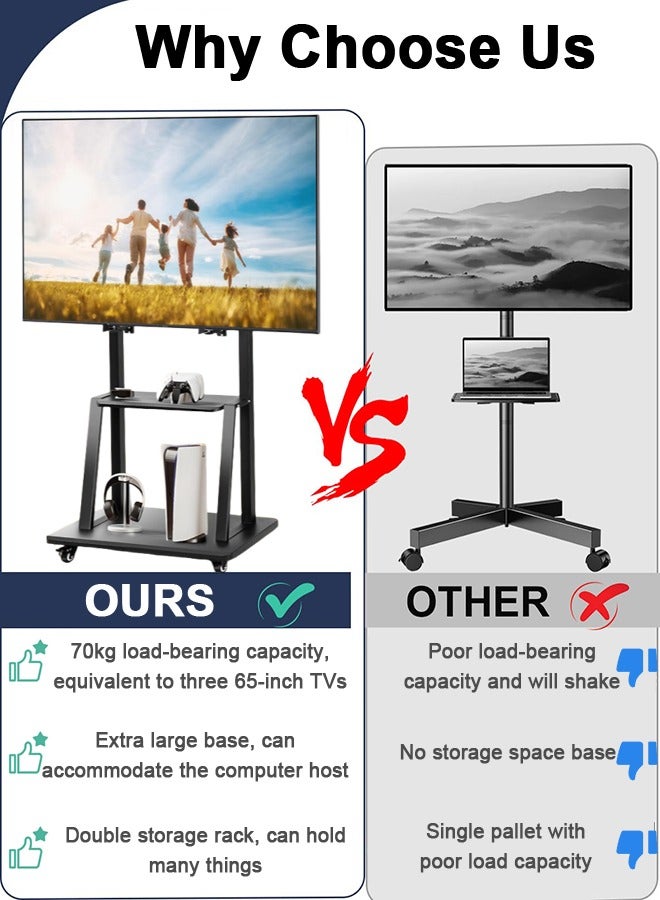 Bolivia's Mobile Rolling TV Cart for 32-70 inch LCD LED 4K Flat Curved TV, Heavy Duty Adjustable Height TV Stand with Lockable Wheels, Max VESA 600x400mm, Up to 70kg  - Image 2