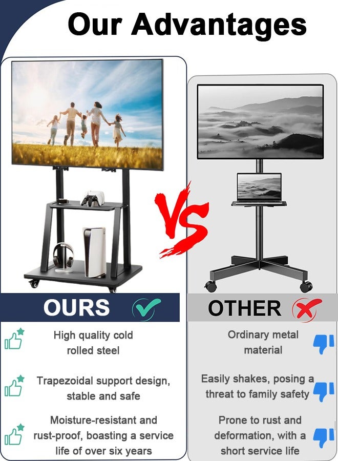 Bolivia's Mobile Rolling TV Cart for 32-70 inch LCD LED 4K Flat Curved TV, Heavy Duty Adjustable Height TV Stand with Lockable Wheels, Max VESA 600x400mm, Up to 70kg  - Image 3
