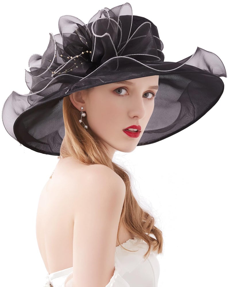 ZX Z and X Organza Church Fascinator Kentucky Derby Hats for Women Flower Wedding Tea Party Hat Wide Brim Sun Hat Black,One Size - Image 1