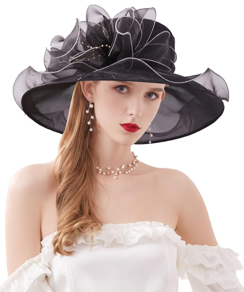 ZX Z and X Organza Church Fascinator Kentucky Derby Hats for Women Flower Wedding Tea Party Hat Wide Brim Sun Hat Black,One Size - Image 2