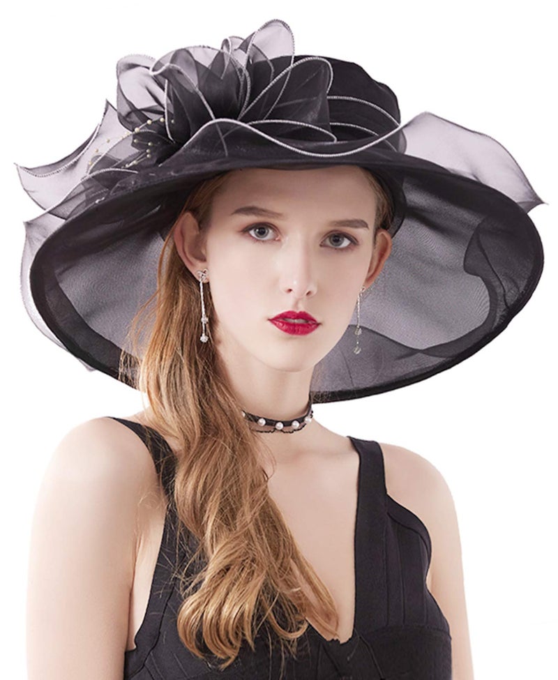ZX Z and X Organza Church Fascinator Kentucky Derby Hats for Women Flower Wedding Tea Party Hat Wide Brim Sun Hat Black,One Size - Image 4