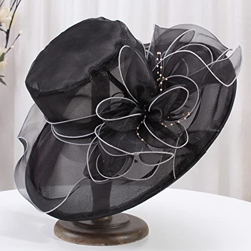 ZX Z and X Organza Church Fascinator Kentucky Derby Hats for Women Flower Wedding Tea Party Hat Wide Brim Sun Hat Black,One Size - Image 3
