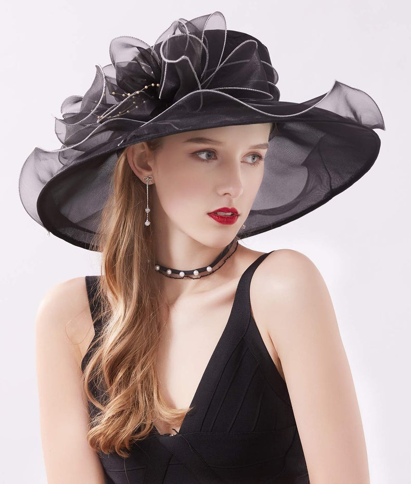 ZX Z and X Organza Church Fascinator Kentucky Derby Hats for Women Flower Wedding Tea Party Hat Wide Brim Sun Hat Black,One Size - Image 5