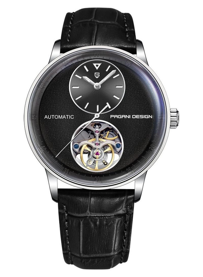 باغاني ديزاين ساعة رجالي مع عجلة التوازن التلقائي الميكانيكية الفولاذ المقاوم للصدأ ساعة معصم للرجال ، نمط الأعمال ، الجلود حزام (استيك) ساعة - Image 1