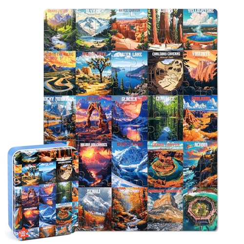 LELEMON Nation Park Jigsaw Puzzles in a Metal Box 100 Pieces World Park Jigsaw Puzzle for Adults Kids Ages 48 Children Learning Educational Puzzles Toys - Image 1