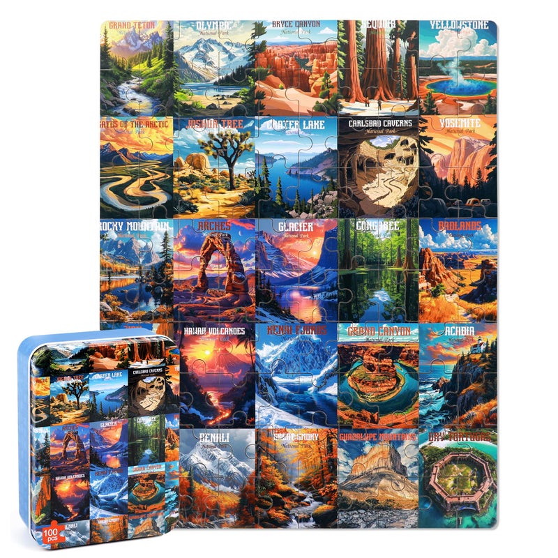 LELEMON Nation Park Jigsaw Puzzles in a Metal Box 100 Pieces World Park Jigsaw Puzzle for Adults Kids Ages 48 Children Learning Educational Puzzles Toys - Image 3