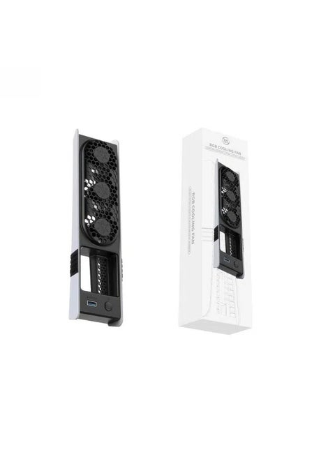 Universal cooling fan for PS5pro/PS5slim with intelligent temperature control and rear fan featuring RGB colorful lights.