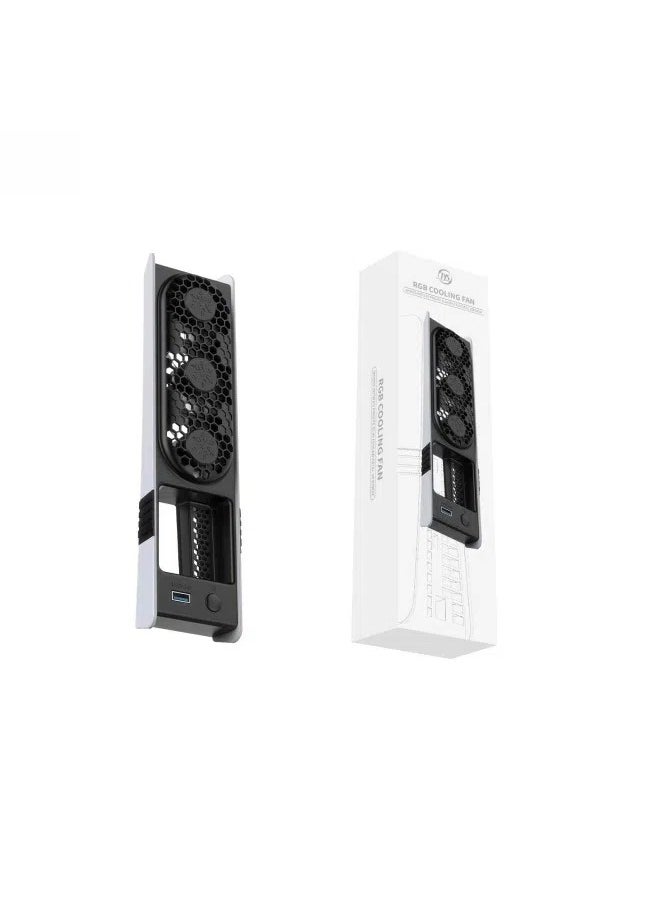 Universal cooling fan for PS5pro/PS5slim with intelligent temperature control and rear fan featuring RGB colorful lights.