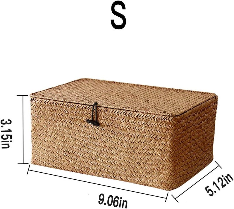 Sobotoo Small Wicker Storage Basket with Lid, Natural Rattan Seagrass Storage Box, Rectangular Household Organizer Boxes Shelf Wardrobe Organizer (S) - Image 2
