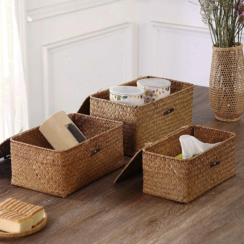 Sobotoo Small Wicker Storage Basket with Lid, Natural Rattan Seagrass Storage Box, Rectangular Household Organizer Boxes Shelf Wardrobe Organizer (S) - Image 3