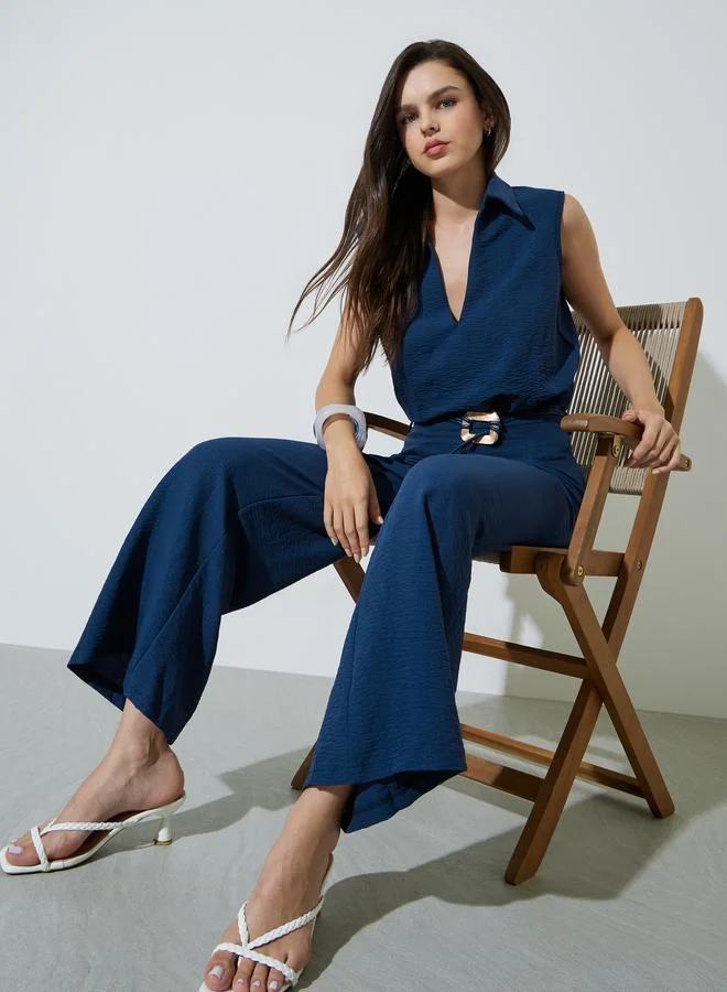 تايك تو Navy Blue Open Collar Top and Pants Co-Ords Set
