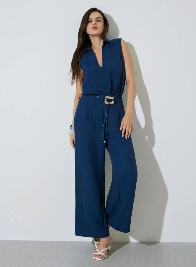 تايك تو Navy Blue Open Collar Top and Pants Co-Ords Set