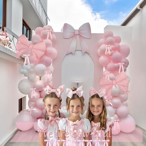 kozee Pastel Pink Pearl White Balloon Garland Arch Kit 130pcs With Bow Tie and Mylar Balloon for Girls 1st Birthday Baby Shower Pink Party Coquette Birthday Decorations - Image 2