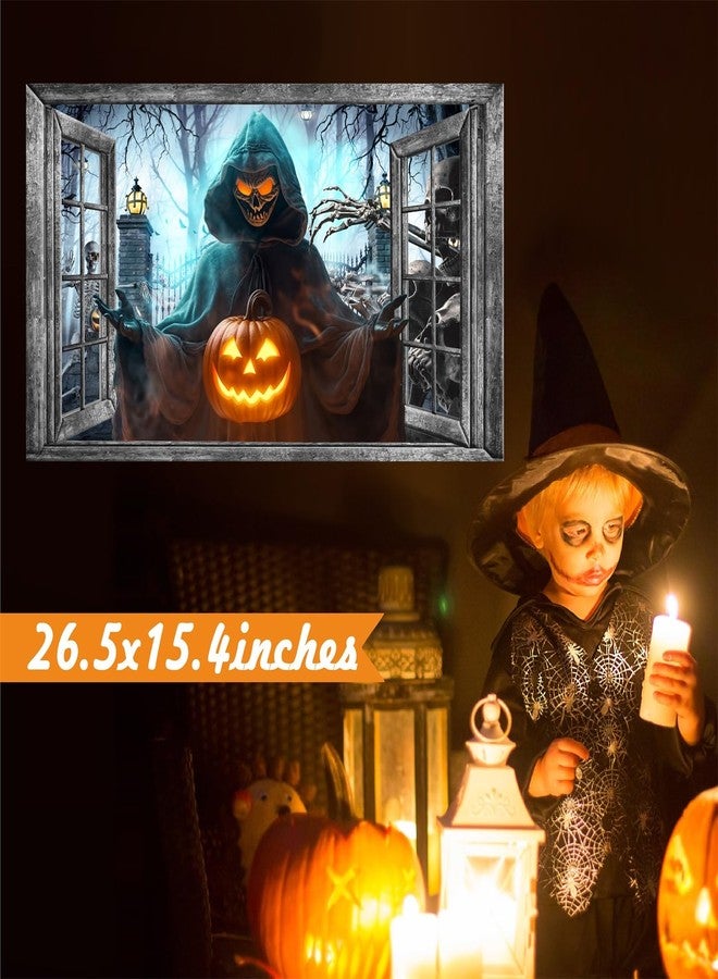 kokolap Halloween Wall Decor Halloween Decals 3D Fake Window Wall Decal Peel and Stick Grim Reaper Pumpkins Skeleton Wall Art Murals Halloweens Decoration for Living Room Bedroom Haunted House Party Supplies - Image 2