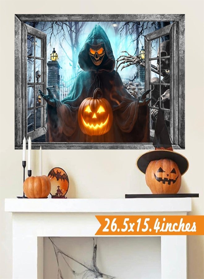 kokolap Halloween Wall Decor Halloween Decals 3D Fake Window Wall Decal Peel and Stick Grim Reaper Pumpkins Skeleton Wall Art Murals Halloweens Decoration for Living Room Bedroom Haunted House Party Supplies - Image 5
