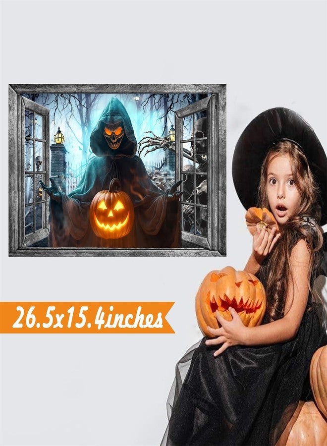 kokolap Halloween Wall Decor Halloween Decals 3D Fake Window Wall Decal Peel and Stick Grim Reaper Pumpkins Skeleton Wall Art Murals Halloweens Decoration for Living Room Bedroom Haunted House Party Supplies - Image 3