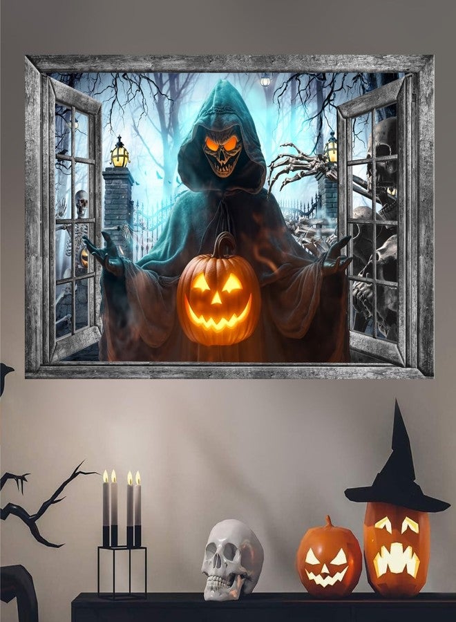 kokolap Halloween Wall Decor Halloween Decals 3D Fake Window Wall Decal Peel and Stick Grim Reaper Pumpkins Skeleton Wall Art Murals Halloweens Decoration for Living Room Bedroom Haunted House Party Supplies - Image 1
