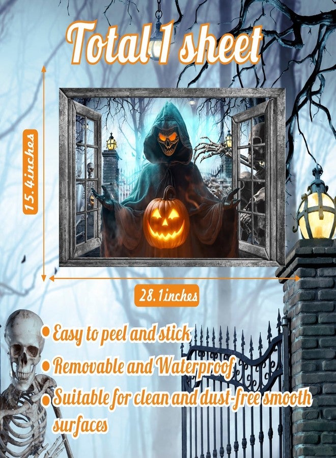 kokolap Halloween Wall Decor Halloween Decals 3D Fake Window Wall Decal Peel and Stick Grim Reaper Pumpkins Skeleton Wall Art Murals Halloweens Decoration for Living Room Bedroom Haunted House Party Supplies - Image 4