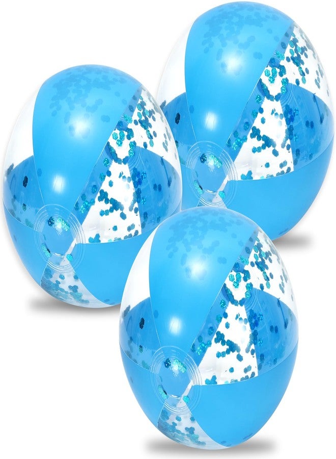 Whaline 3Pcs Glitter Inflatable Beach Ball 16 Inch Round Blue Confetti Pool PVC Balls Cute Game Toys for Summer Hawaiian Tropical Theme Beach Party Decor (Lake Blue) - Image 1