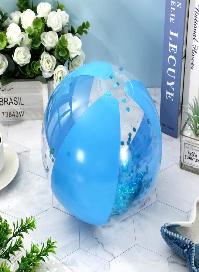 Whaline 3Pcs Glitter Inflatable Beach Ball 16 Inch Round Blue Confetti Pool PVC Balls Cute Game Toys for Summer Hawaiian Tropical Theme Beach Party Decor (Lake Blue) - Image 3