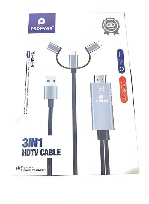 3-in-1 HDTV Adapter,Lightning/Type C/Micro USB to HDMI Cable for iPhone/Android Black