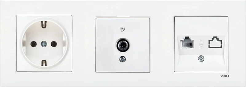 Viko Karre White Set of 3 Grounded Socket, F Connector and Numeris Cat3 Telephone Socket Set