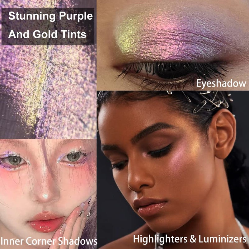 Afflano Single Purple-Gold Eyeshadow Shimmery, Duo Chrome Multichrome Eyeshadow Purple, Holographic Glitter Eye shadow, Color Change Sparkle Chameleon Eye shadow Luminizer Highlighter Makeup - Image 3