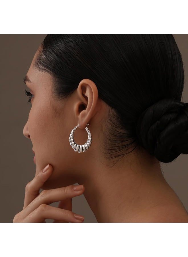 LeCalla Sterling Silver Oval Chunky Hoop Earrings Click-Top Shrimp Hoop Earrings for Women - 35mm - Image 2