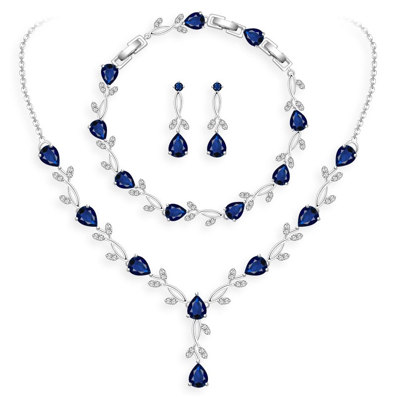 GZWHD Royal Blue Sapphire Jewelry Set for Women Necklace Earrings Bracelet Set Wedding Party Silver Jewelry Gift for Friend Mother - Image 1