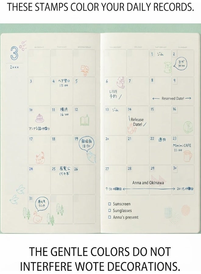 MIDORI Yuru Log Pre-Inked Stamp Set Cafe Pattern 35616006, compact case, four-colour cafe set, Multicolour, Pre-Inked Stamp, 1 set for cafe journals - Image 1