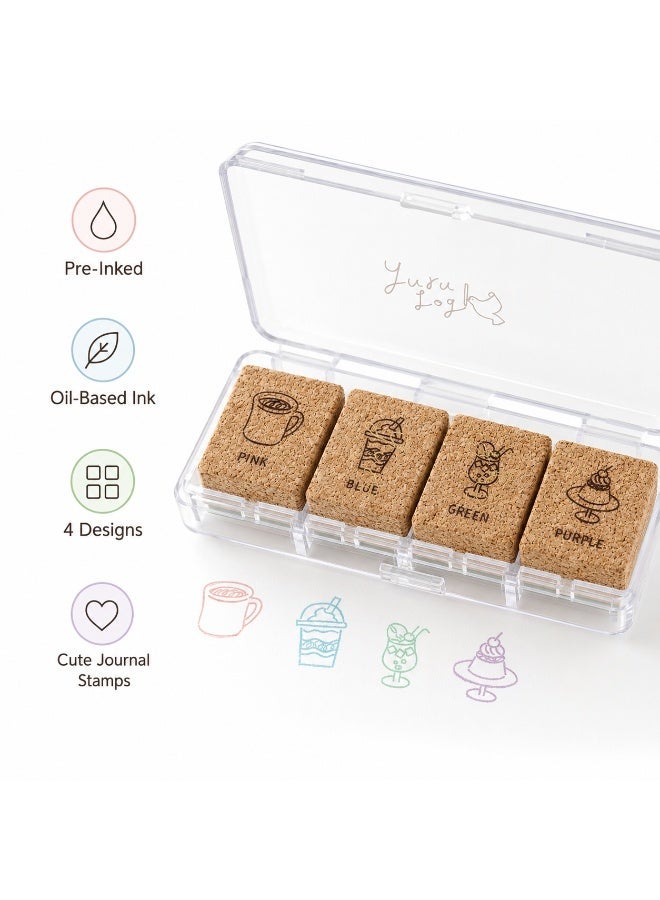 MIDORI Yuru Log Pre-Inked Stamp Set Cafe Pattern 35616006, compact case, four-colour cafe set, Multicolour, Pre-Inked Stamp, 1 set for cafe journals - Image 3