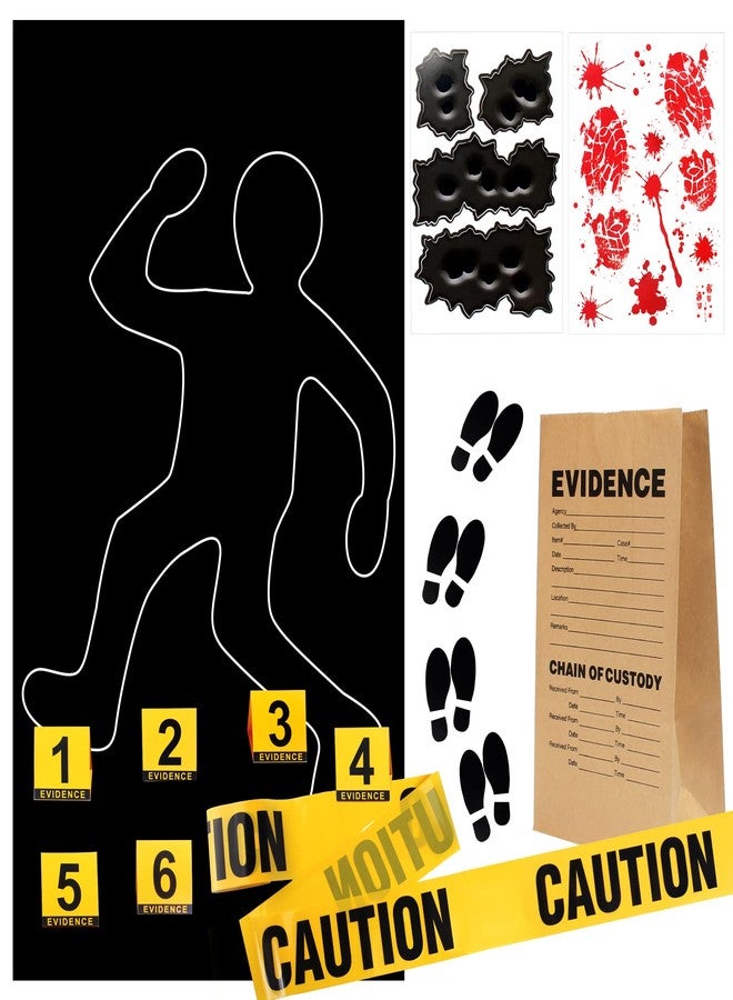 Keymall 15 Pcs Crime Scene Decoration Includes Body Silhouette Caution Tape Evidence Marker Bag Footprint Bullet Hole Stickers For Halloween CSI Theme Murder Mystery Dinner Party Room Decor - Image 1