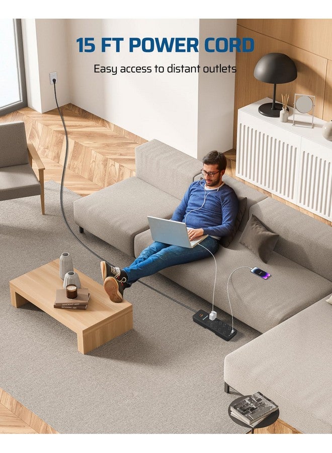 ديوينويلز شريط طاقة DEWENWILS، 10 منافذ، مع 4 منافذ USB، وسلك تمديد بطول 15 قدمًا، ومقبس مسطح بزاوية قائمة، وقاطع دائرة 15 أمبير، وتصنيف 2480 جول، وقابل للتركيب على الحائط، ومعتمد من UL - Image 5