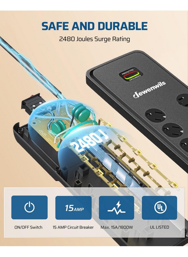 ديوينويلز شريط طاقة DEWENWILS، 10 منافذ، مع 4 منافذ USB، وسلك تمديد بطول 15 قدمًا، ومقبس مسطح بزاوية قائمة، وقاطع دائرة 15 أمبير، وتصنيف 2480 جول، وقابل للتركيب على الحائط، ومعتمد من UL - Image 4