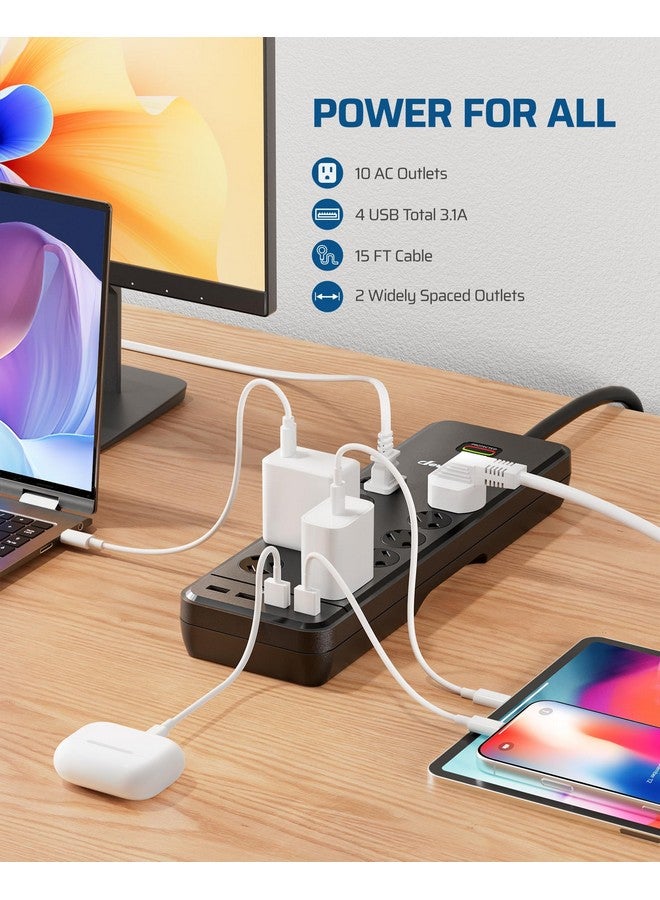 ديوينويلز شريط طاقة DEWENWILS، 10 منافذ، مع 4 منافذ USB، وسلك تمديد بطول 15 قدمًا، ومقبس مسطح بزاوية قائمة، وقاطع دائرة 15 أمبير، وتصنيف 2480 جول، وقابل للتركيب على الحائط، ومعتمد من UL - Image 2