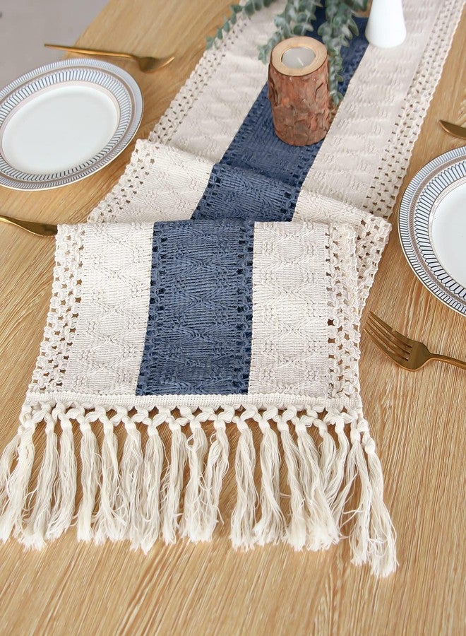 FEXIA Boho Table Runner 90 Inches Long with Tassels Farmhouse Rustic Cream & Blue Macrame for Dining Bedroom Baby Bridal Shower Decor(12x90 Inches) - Image 4