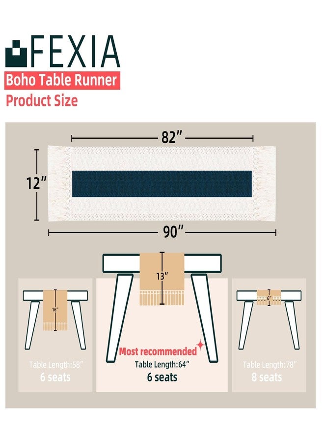 FEXIA Boho Table Runner 90 Inches Long with Tassels Farmhouse Rustic Cream & Blue Macrame for Dining Bedroom Baby Bridal Shower Decor(12x90 Inches) - Image 2