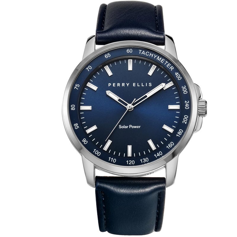 Perry Ellis Solar Powered Mens Watch Vegan Leather WaterResistant Analog Wrist Watches for Men 43mm Case Aluminum Tachymeter Bezel Elegant Gift for Man Navy - Image 2