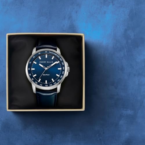 Perry Ellis Solar Powered Mens Watch Vegan Leather WaterResistant Analog Wrist Watches for Men 43mm Case Aluminum Tachymeter Bezel Elegant Gift for Man Navy - Image 3