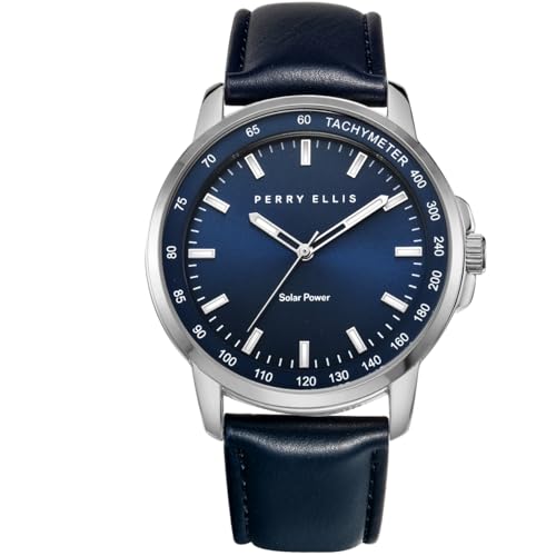 Perry Ellis Solar Powered Mens Watch Vegan Leather WaterResistant Analog Wrist Watches for Men 43mm Case Aluminum Tachymeter Bezel Elegant Gift for Man Navy - Image 1