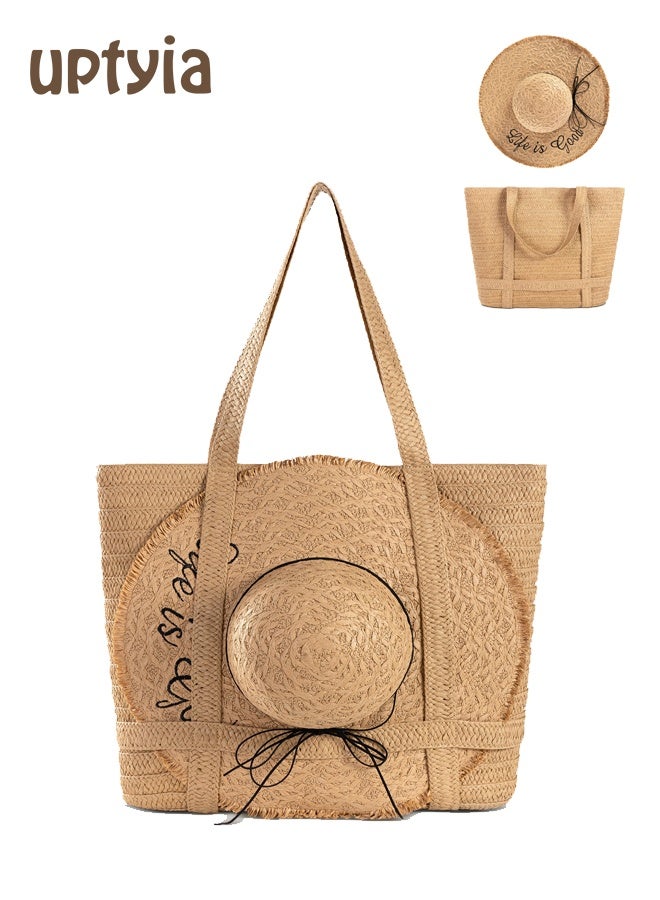 أوبتيا حقيبة شاطئ بوهو من القش مع سحاب للنساء، حقيبة سفر صيفية مع حامل قبعة، حقيبة كبيرة منسوجة لقضاء العطلات - Image 4