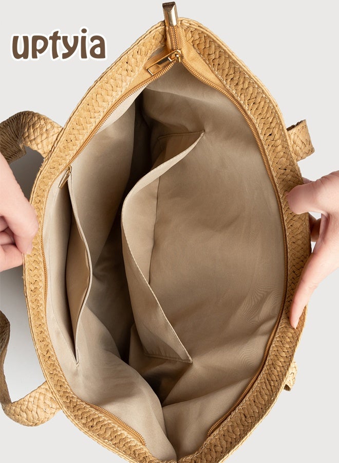 أوبتيا حقيبة شاطئ بوهو من القش مع سحاب للنساء، حقيبة سفر صيفية مع حامل قبعة، حقيبة كبيرة منسوجة لقضاء العطلات - Image 5