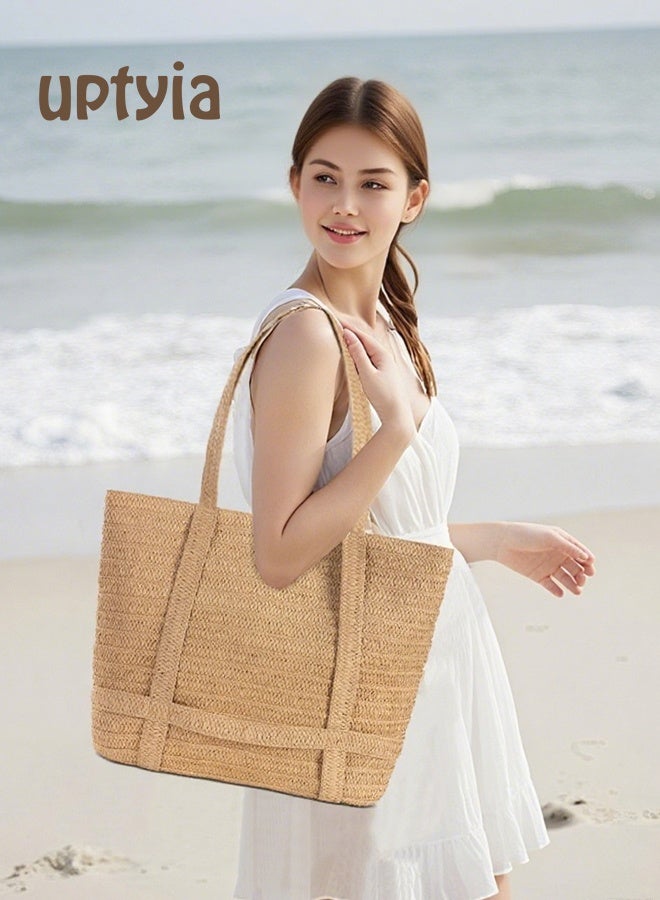 أوبتيا حقيبة شاطئ بوهو من القش مع سحاب للنساء، حقيبة سفر صيفية مع حامل قبعة، حقيبة كبيرة منسوجة لقضاء العطلات - Image 2