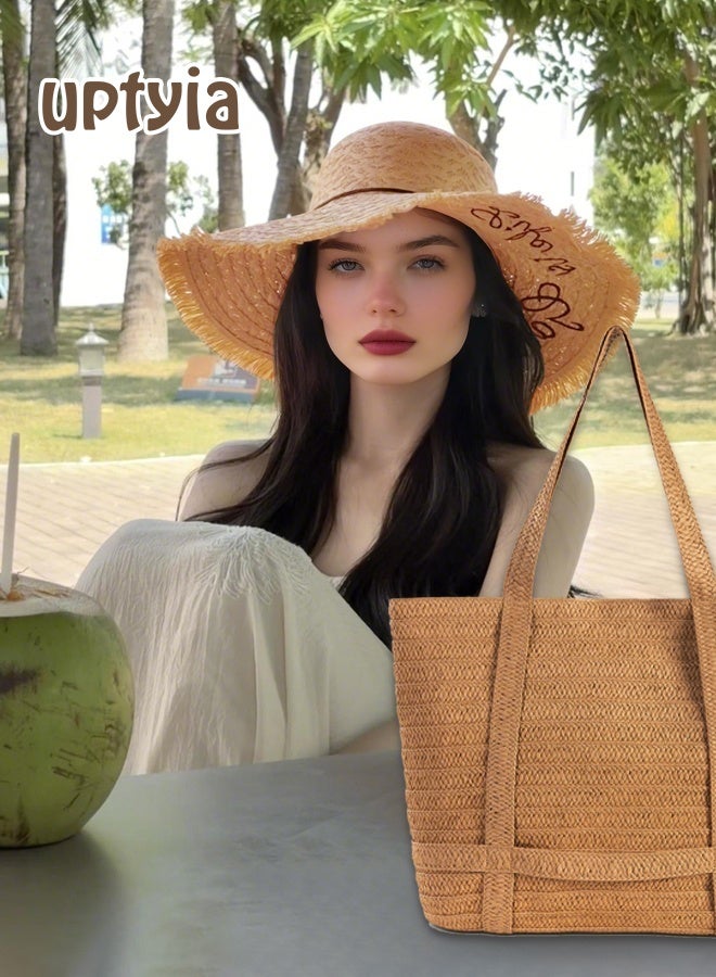 أوبتيا حقيبة شاطئ بوهو من القش مع سحاب للنساء، حقيبة سفر صيفية مع حامل قبعة، حقيبة كبيرة منسوجة لقضاء العطلات - Image 3