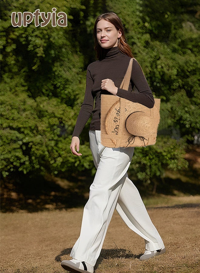 أوبتيا حقيبة شاطئ بوهو من القش مع سحاب للنساء، حقيبة سفر صيفية مع حامل قبعة، حقيبة كبيرة منسوجة لقضاء العطلات - Image 1