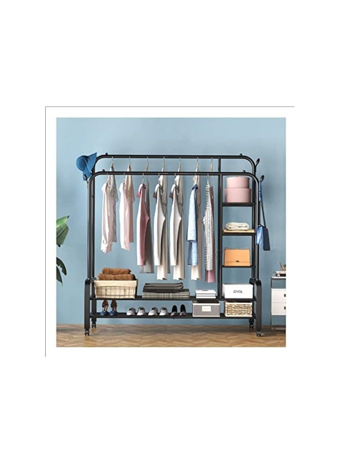 WDA Heavy Duty Rolling Garment Rack with Shelves, Metal Frame Clothes Rail with Storage, Black