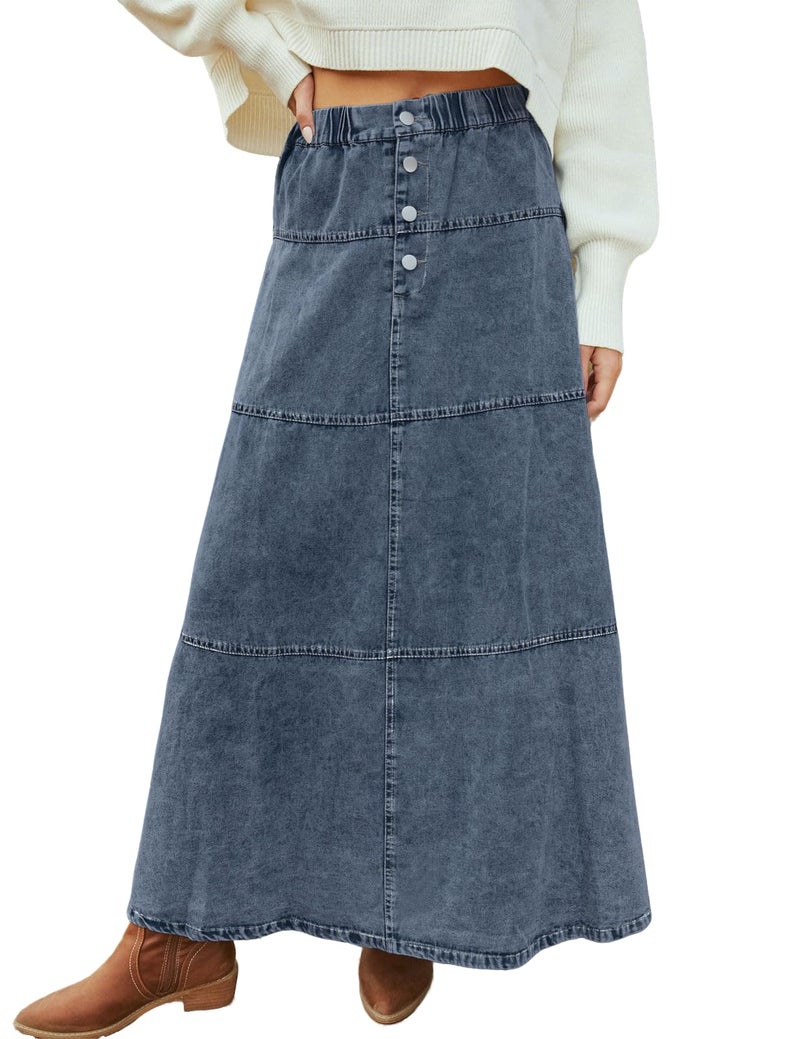 loveimgs Women Casual Denim Maxi Skirt Elastic High Waist Tiered A Line Long Jean Skirt Y2k Western Patchwork 2025 (X-Small,Blue) - Image 1