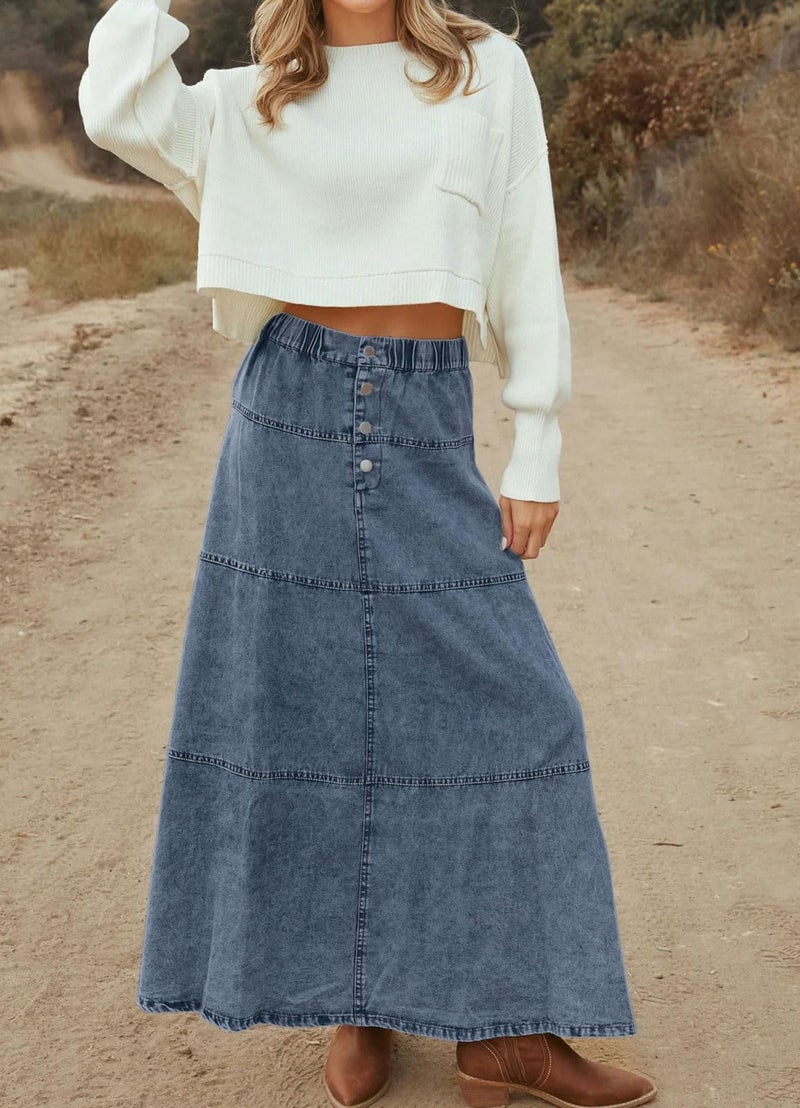 loveimgs Women Casual Denim Maxi Skirt Elastic High Waist Tiered A Line Long Jean Skirt Y2k Western Patchwork 2025 (X-Small,Blue) - Image 2