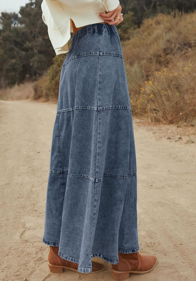 loveimgs Women Casual Denim Maxi Skirt Elastic High Waist Tiered A Line Long Jean Skirt Y2k Western Patchwork 2025 (X-Small,Blue) - Image 4